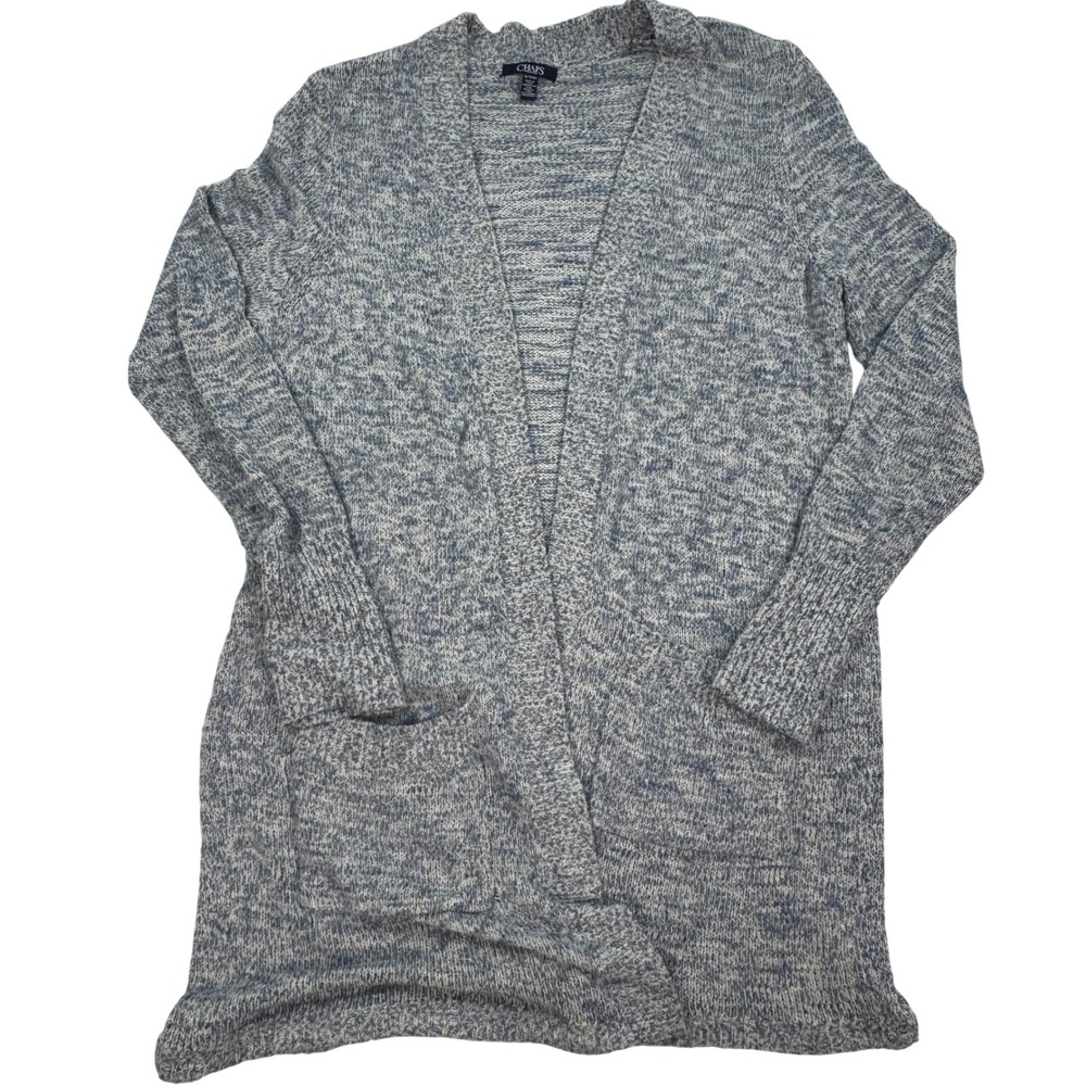 Chaps Womens XL Blue White Marled Knit Open Front Longline Cardigan Sweater